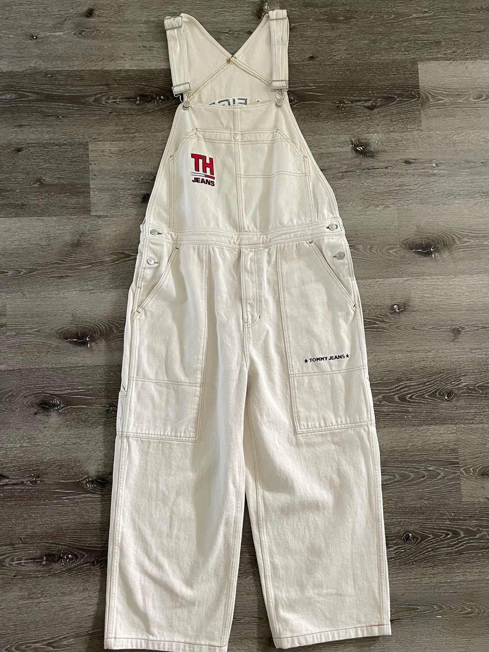 Vtg.90's Tommy Hilfiger Cream Men's L Denim Overalls Y2K baggy embroided